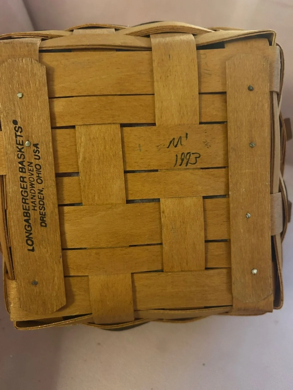 Longaberger Plaid Lined Wooden Basket with Dual swinging Handles - Red